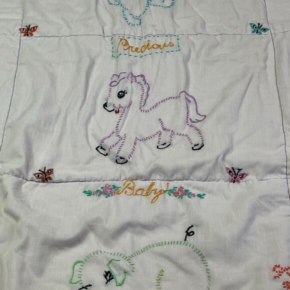 Vintage Baby Quilt Hand Embroidered Animals Pastel Crib Blanket Handmade 36x30 - Picture 16 of 16